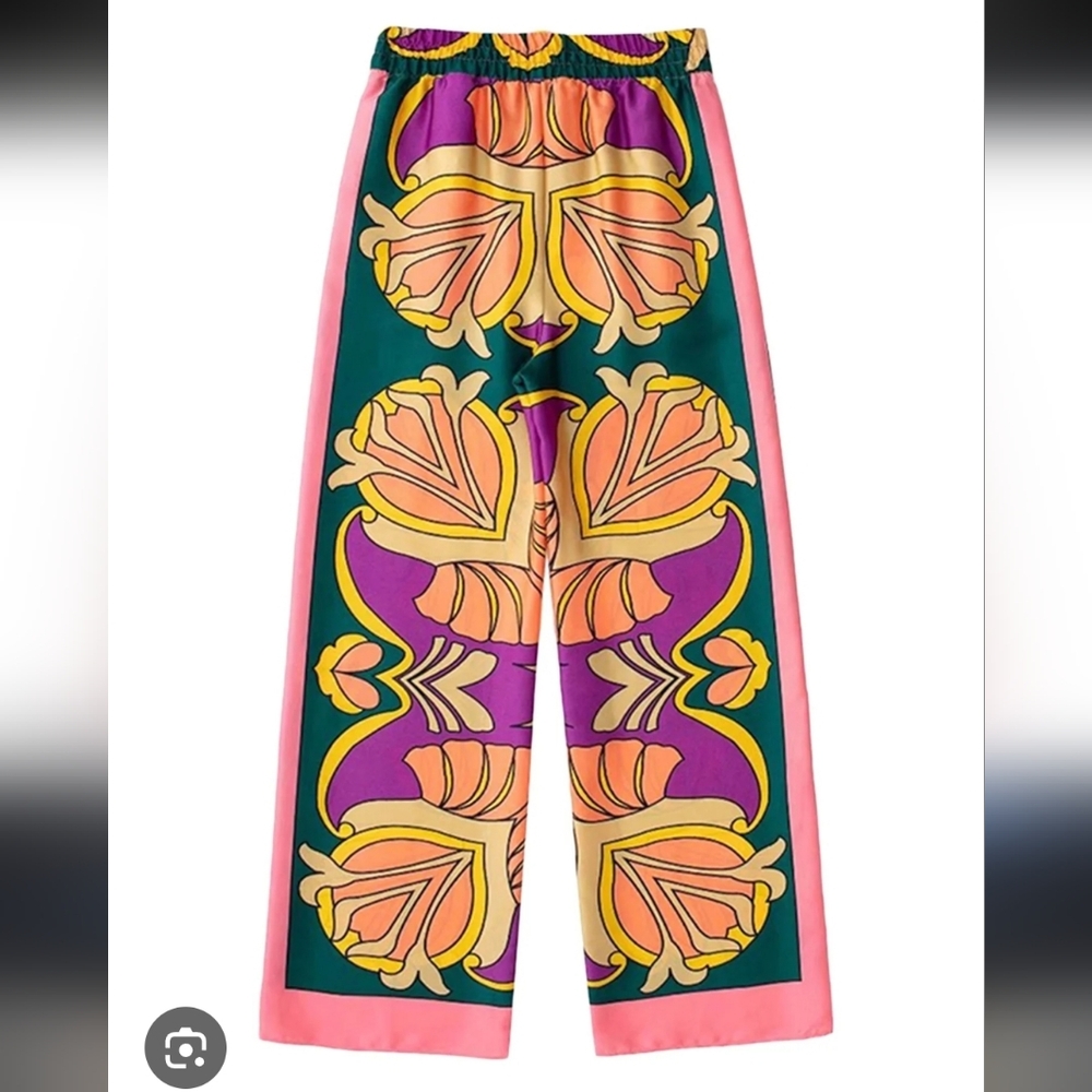ZARA ✨BLOGGERS FAV Colorful Printed Satin Pajama Style Pant Size XS - Picture 14 of 15